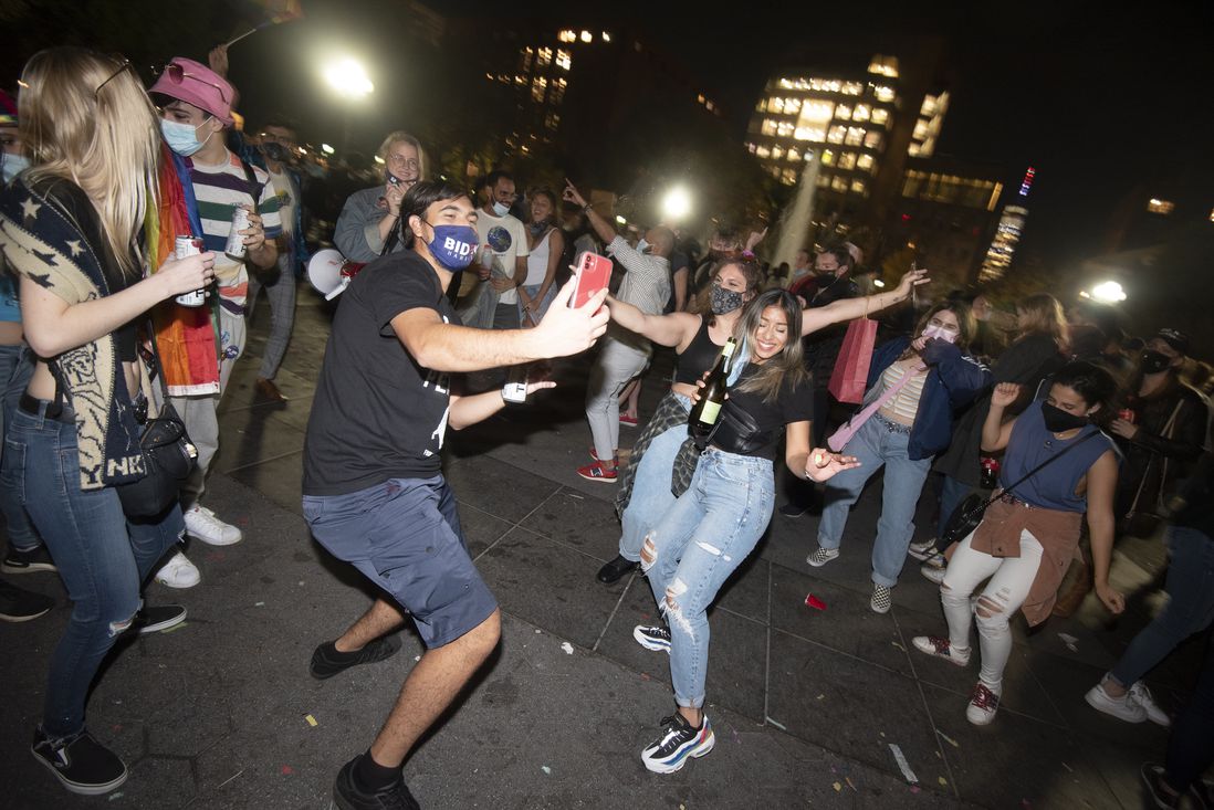 People celebrating in Washington Square Park